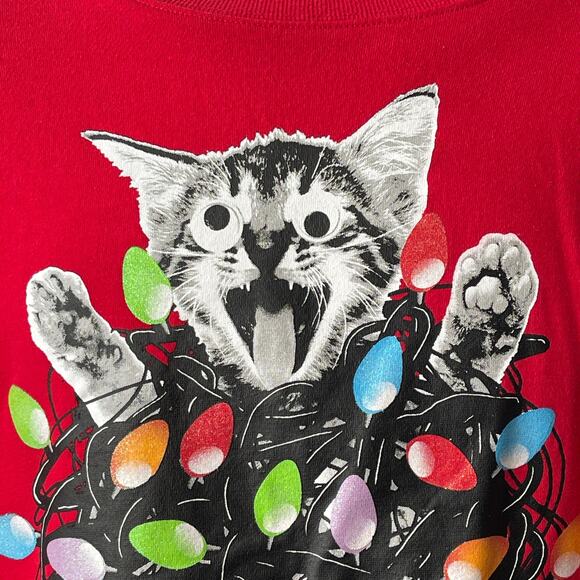 Mad Engine ACK Cat Tied Up in Lights Ugly Christmas Sweatshirt Size XL NWOT - Picture 2 of 5